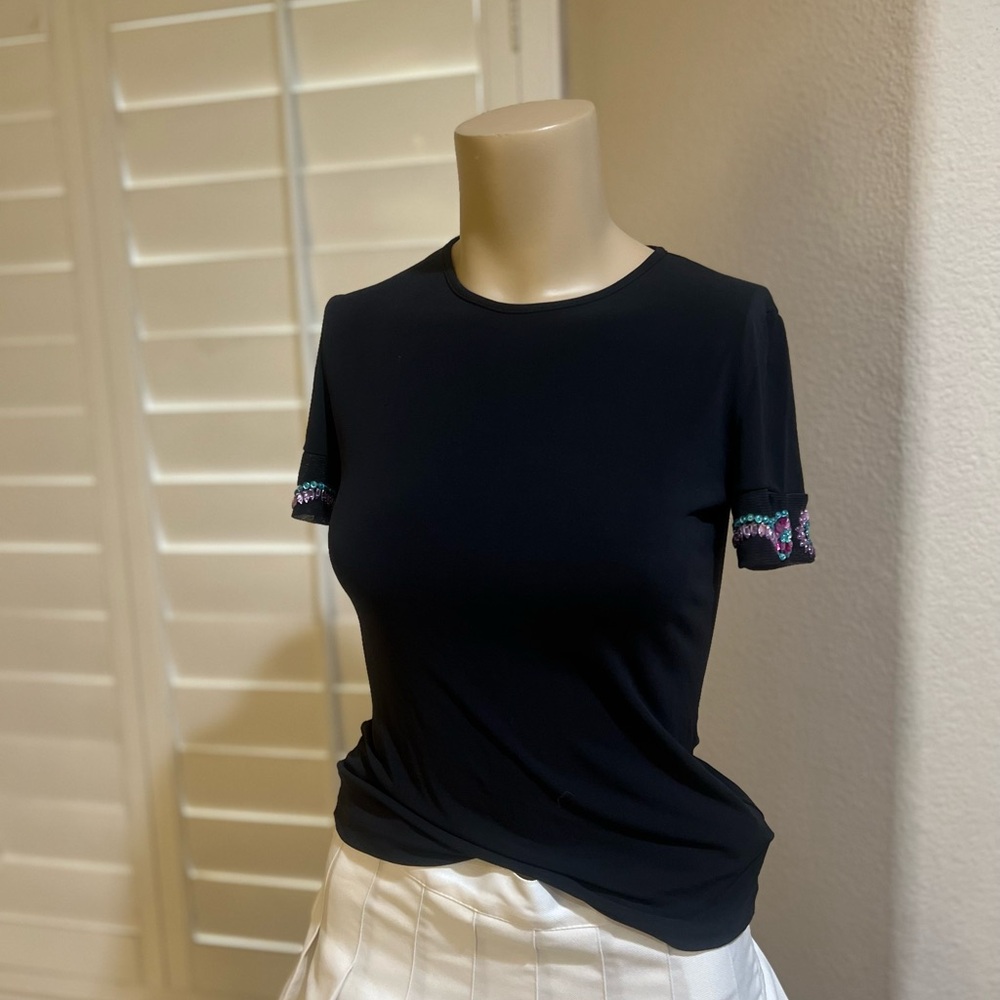 Versace Black Jersey knit Stretch Fitted Embellish Short Sleeve Blouse Top  sz S - Picture 7 of 11